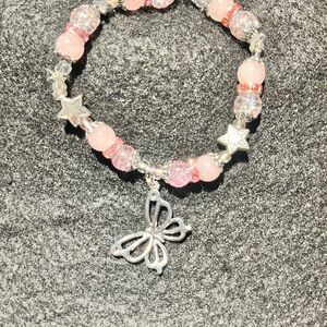 Pink and Silver Butterfly Charm Bracelet natural stone and glass